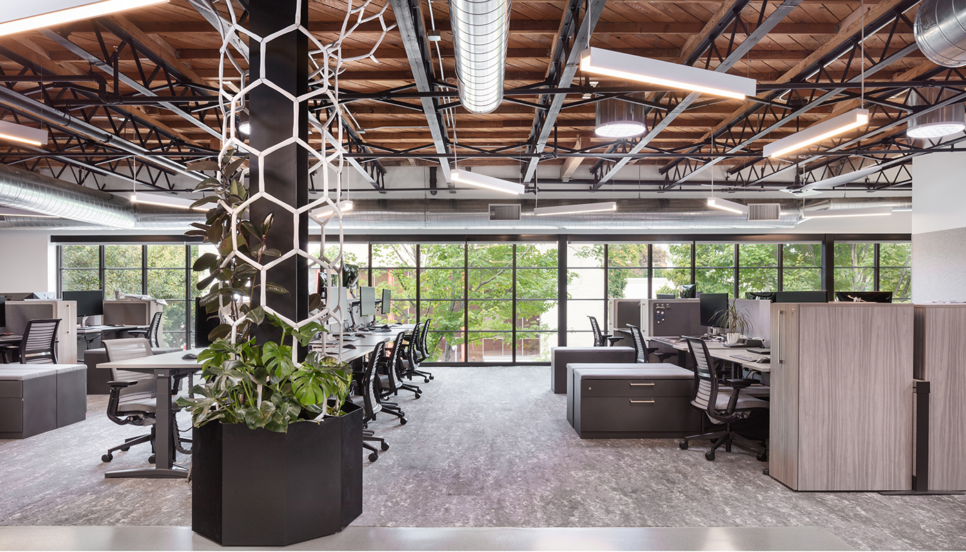 DPR's Sacramento office with spaced-out workstations and daylighting.