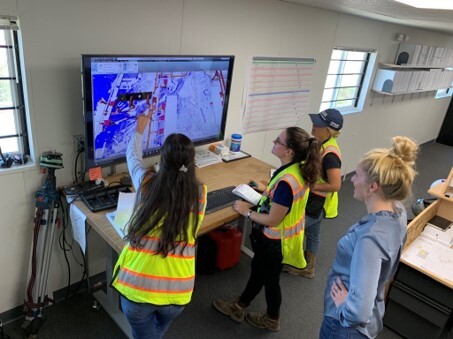 four project team members in safety vests examine a 3D BIM model on a flat screen monitor inside a construction jobsite trailer